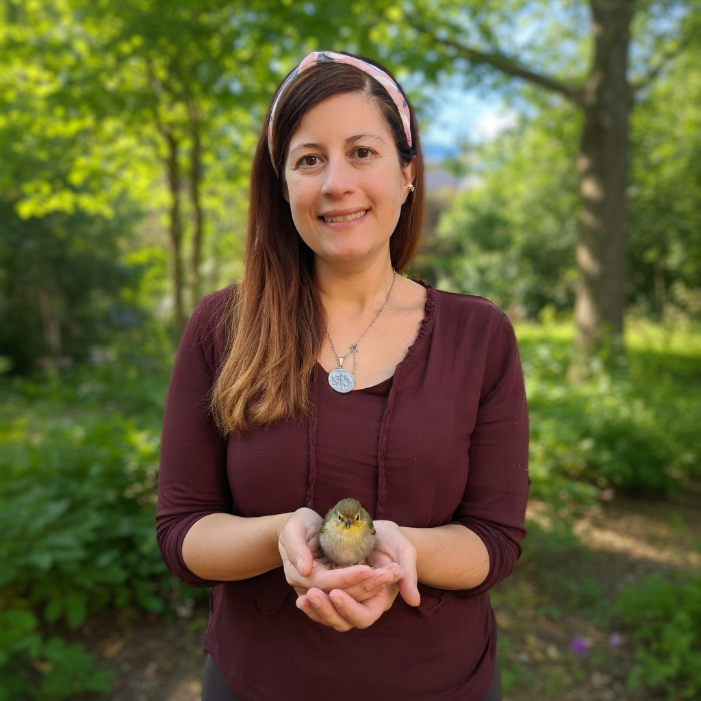 Mapis Munoz con un pajarito en sus manos
