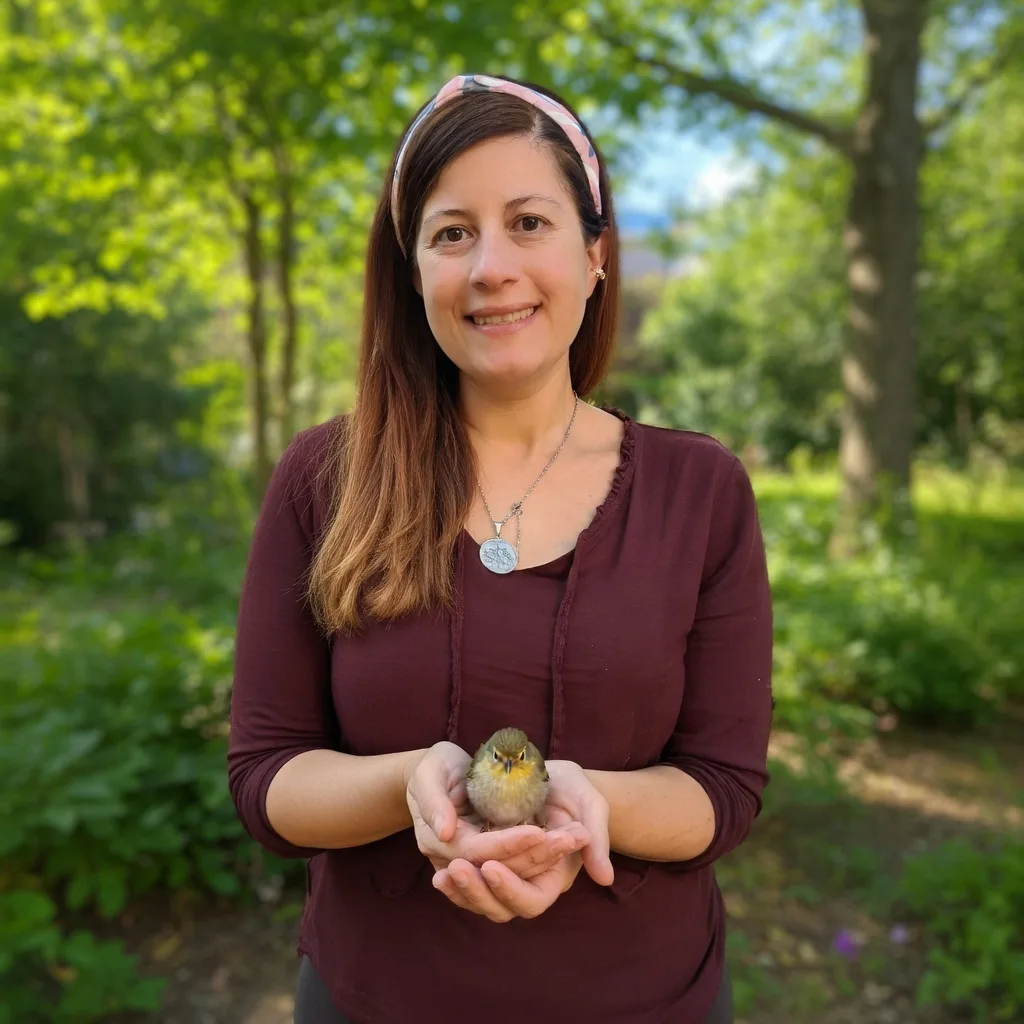 Mapis Munoz con un pajarito en sus manos